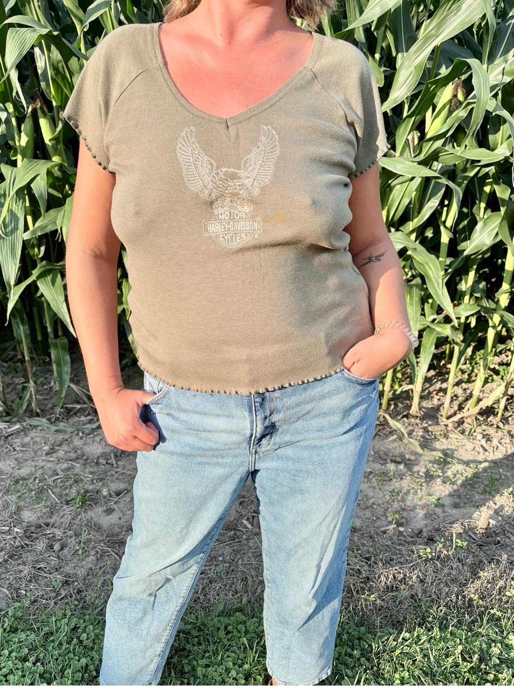Harley-Davidson Olive Green V-Neck Tee with Eagle Graphic